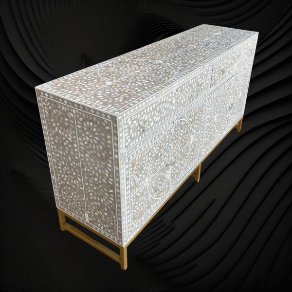 Grey MOP Inlay Buffet with Scroll Vine Design - Image 4