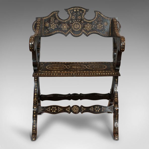 Antique X-Frame Chair, Middle Eastern, Mahogany, Seat, Bone Inlay, circa 1850 - Image 5