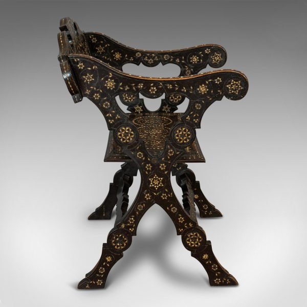 Antique X-Frame Chair, Middle Eastern, Mahogany, Seat, Bone Inlay, circa 1850 - Image 4
