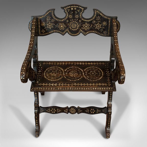 Antique X-Frame Chair, Middle Eastern, Mahogany, Seat, Bone Inlay, circa 1850 - Image 12