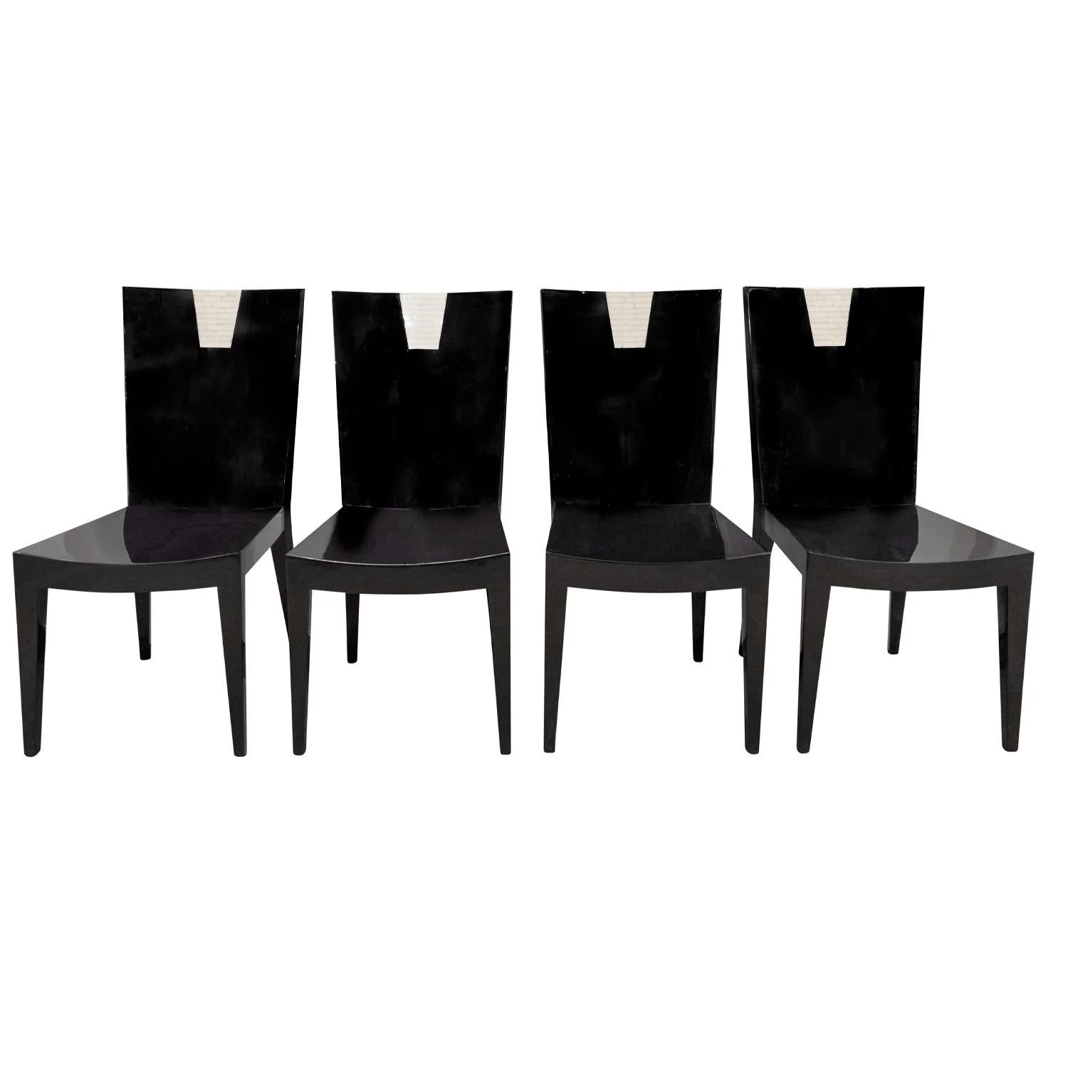 Set of 4 Chic Game/Dining Chairs in Black Lacquer with Bone Inlays 1980s - Image 4