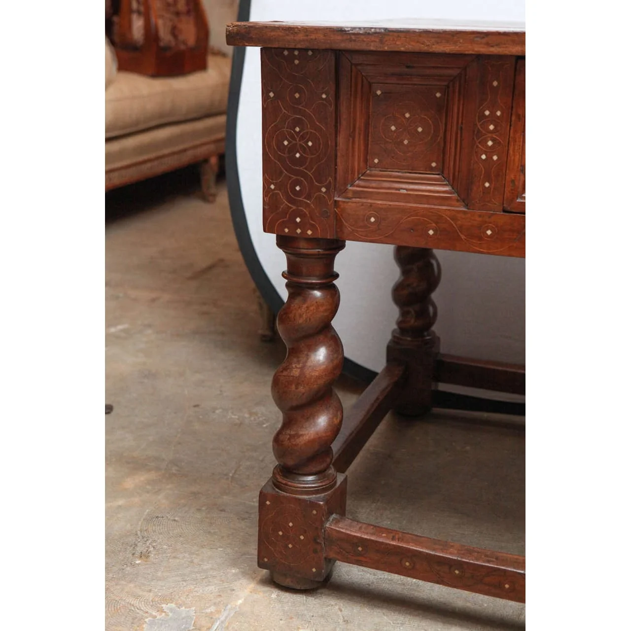 18th Century Italian Walnut Two-Drawer Table with Fruitwood and Bone Inlay - Image 7