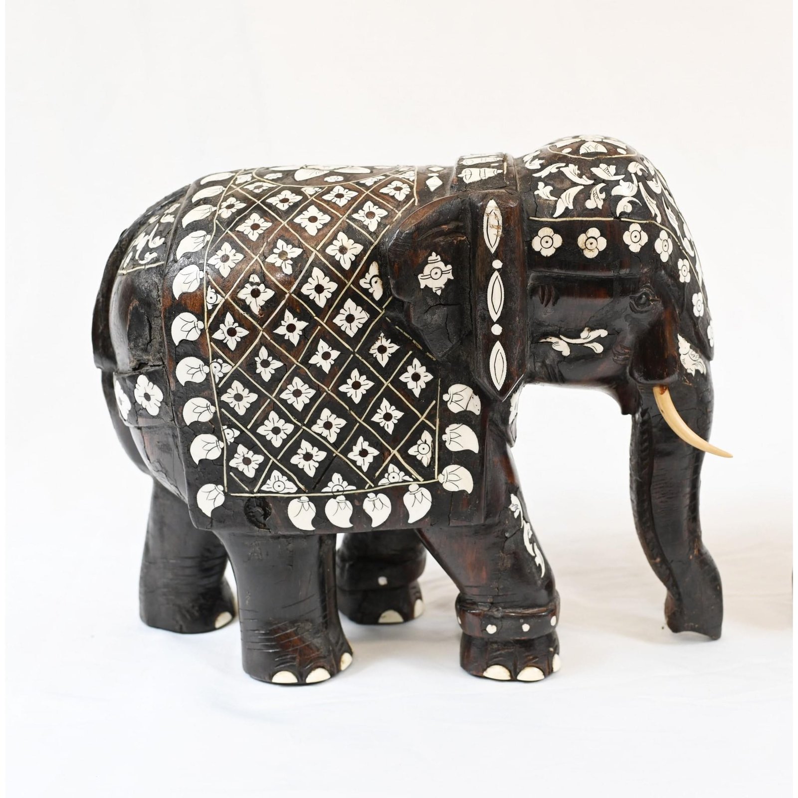 Pair Goan Indian Elephants Carved Hardwood Inlay, 1890 - Image 6