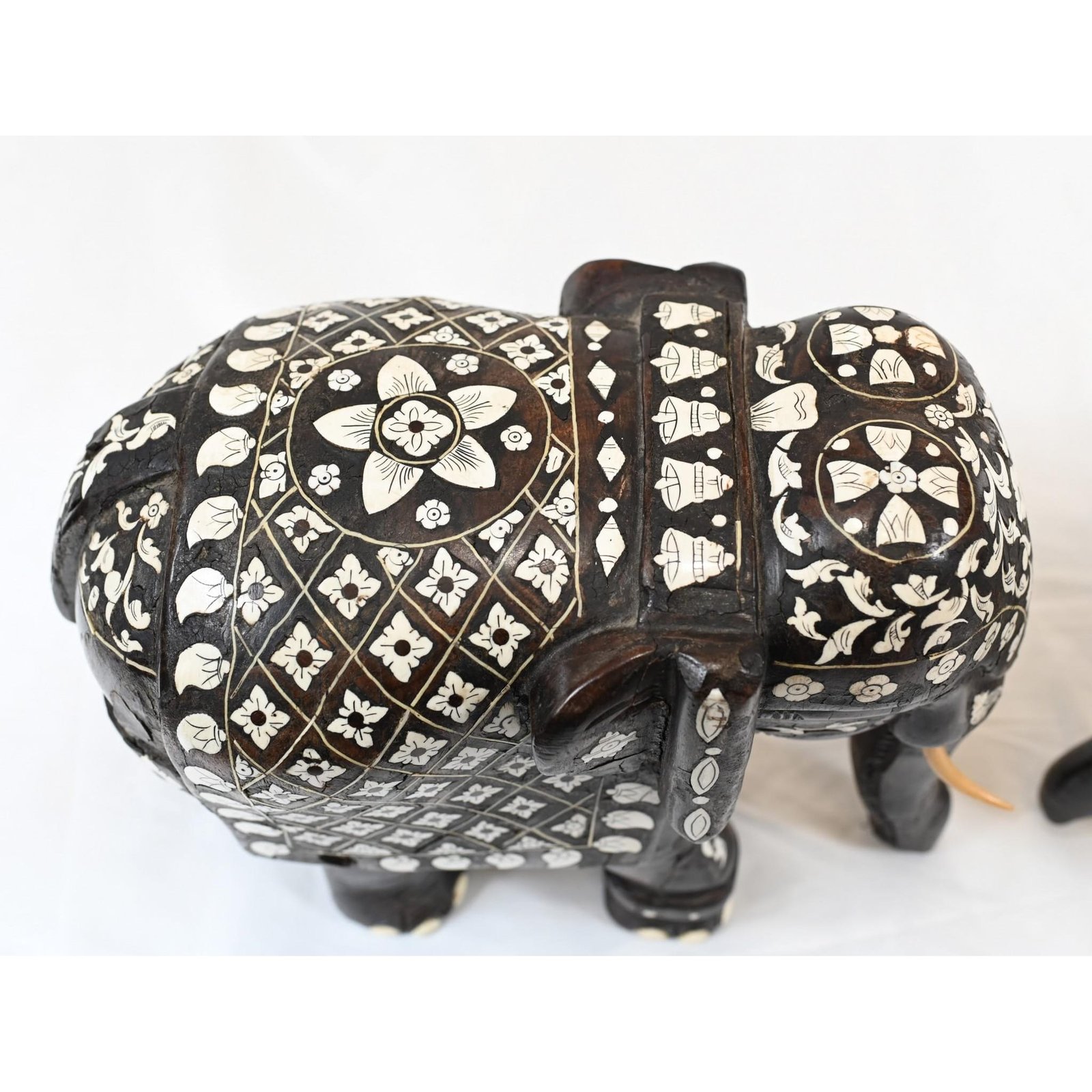 Pair Goan Indian Elephants Carved Hardwood Inlay, 1890 - Image 4