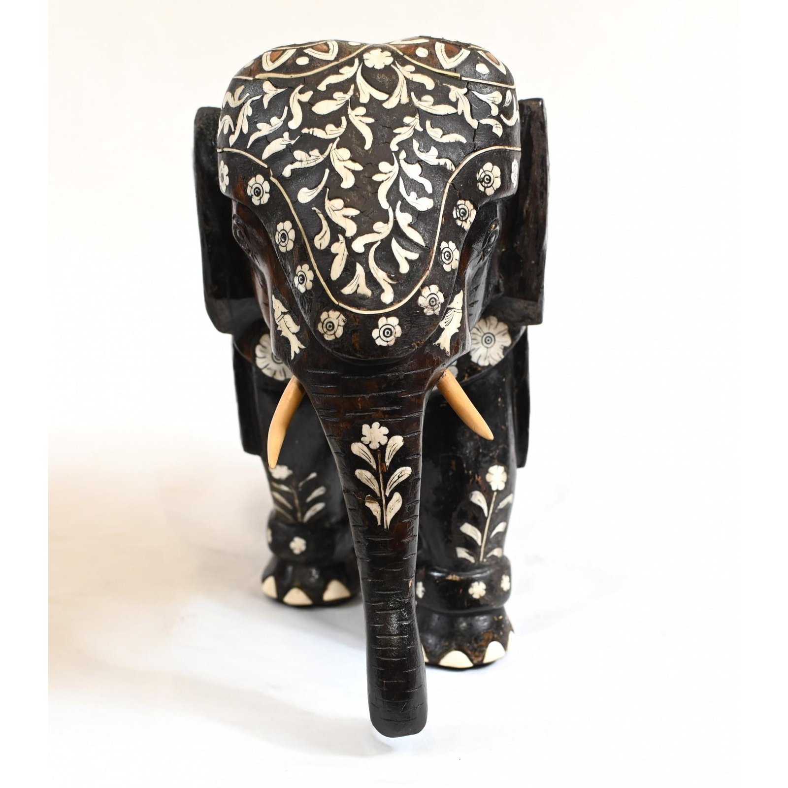 Pair Goan Indian Elephants Carved Hardwood Inlay, 1890 - Image 3