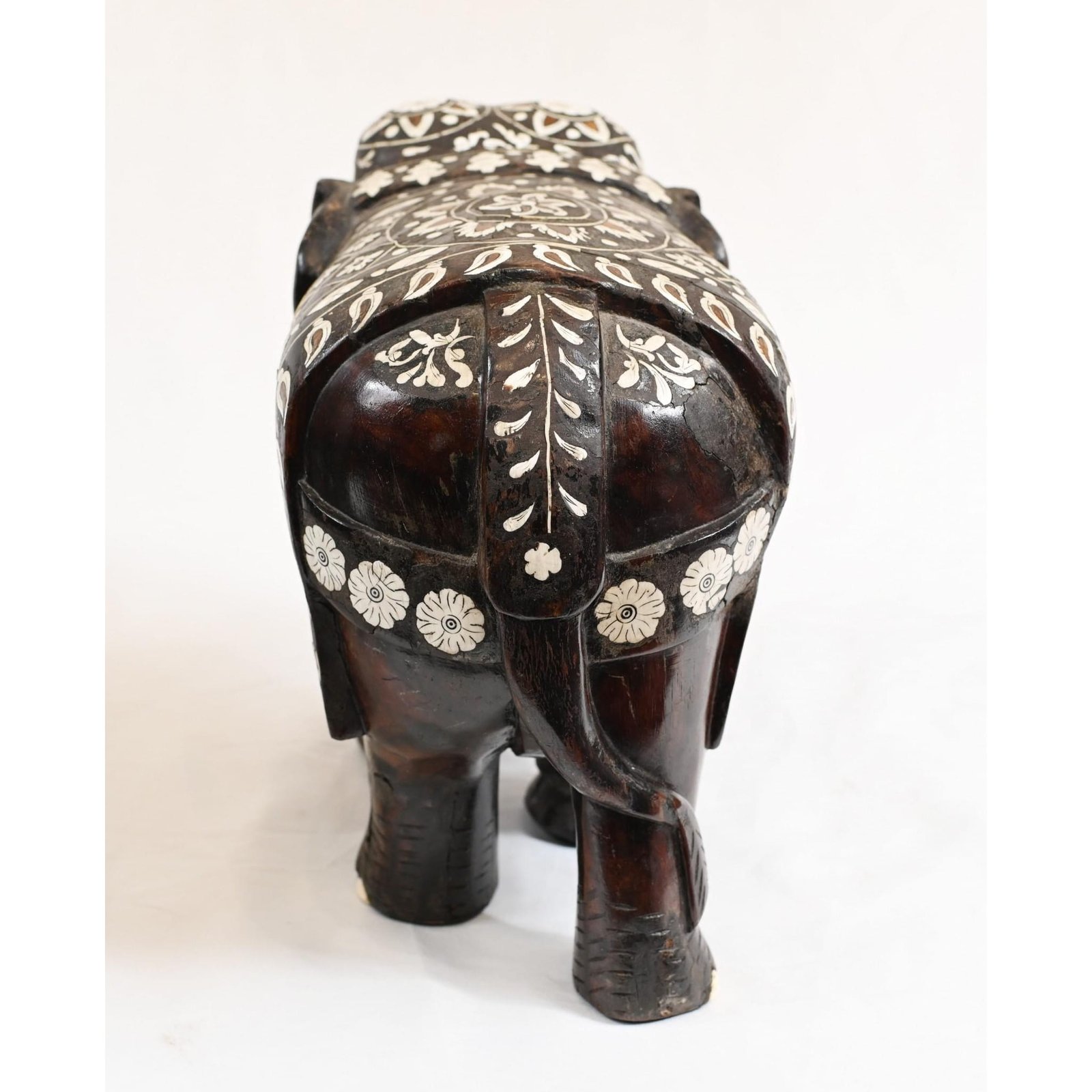 Pair Goan Indian Elephants Carved Hardwood Inlay, 1890 - Image 10