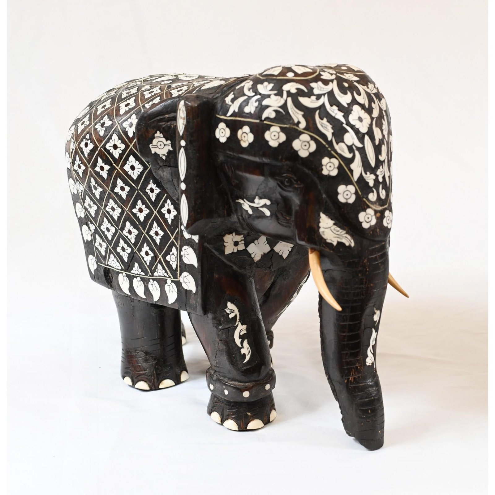 Pair Goan Indian Elephants Carved Hardwood Inlay, 1890 - Image 8