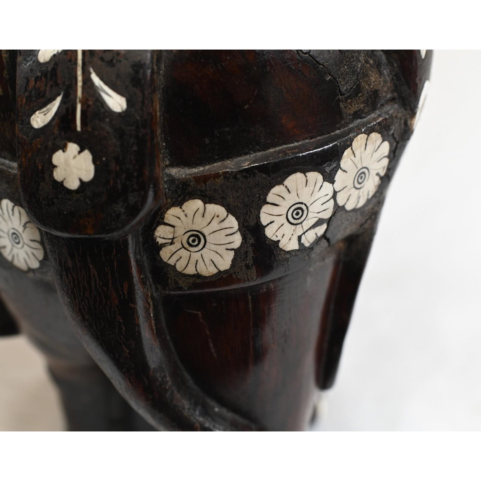 Pair Goan Indian Elephants Carved Hardwood Inlay, 1890 - Image 7