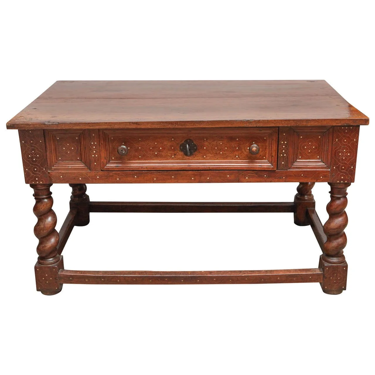X 18th Century Italian Walnut Two-Drawer Table with Fruitwood and Bone Inlay - Image 1