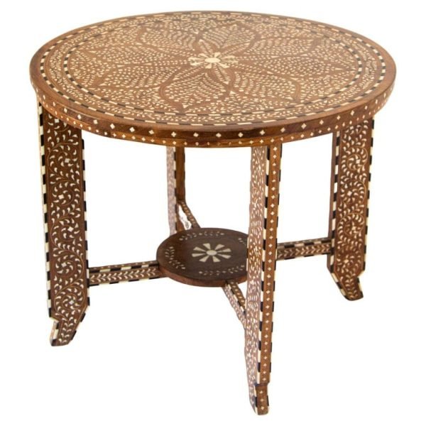 Bone Inlaid Teak Wood Round Side Table - Image 4
