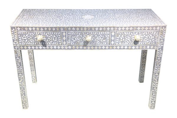 Bone Inlay 3 Drawer Hall Table or Side Table - Light Grey Floral - Image 2