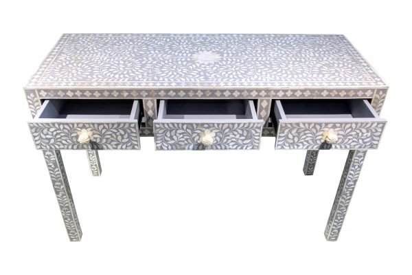 Bone Inlay 3 Drawer Hall Table or Side Table - Light Grey Floral - Image 3