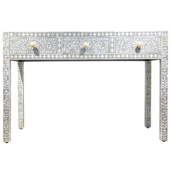 Bone Inlay 3 Drawer Hall Table or Side Table - Light Grey Floral - Image 1