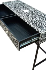 "Inlaybone ""Floral Elegance"" Side Table -   Bone Inlay 2 Drawer Hall or Side Table with Black Frame – Black Floral" - Image 3