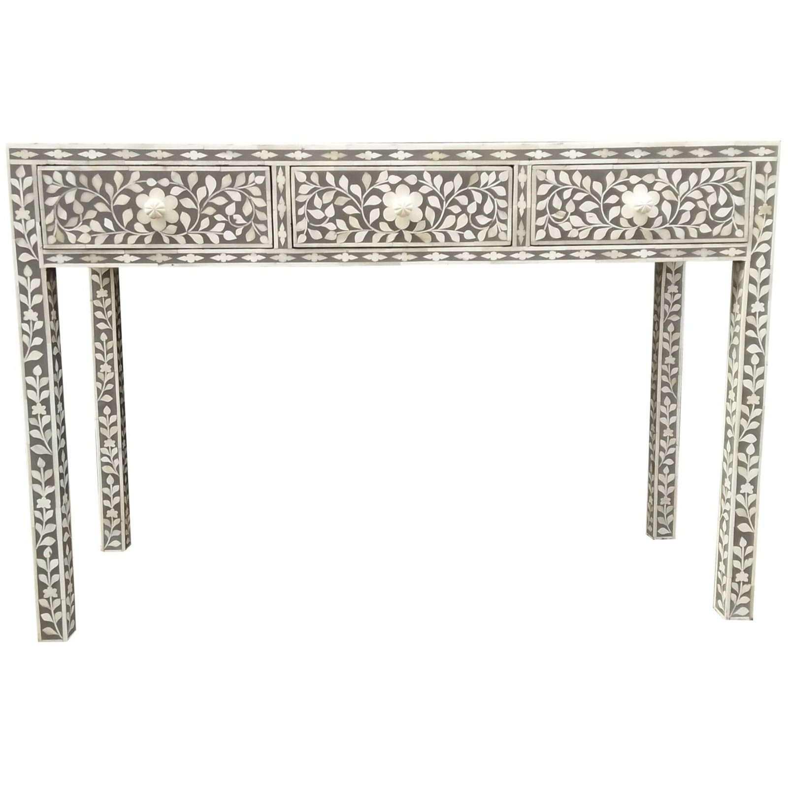 ce0d5008-dc13-42a1-ba39-b468b1befcf4 Charcoal Grey Floral Bone Inlay Side Table - Image 1