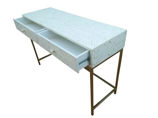 White Geometric Bone Inlay Side Table - Image 4