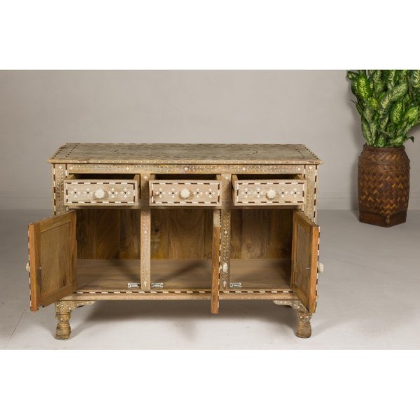 Anglo-Indian Style Mango Wood Buffet with Geometric Bone Inlay - Image 6