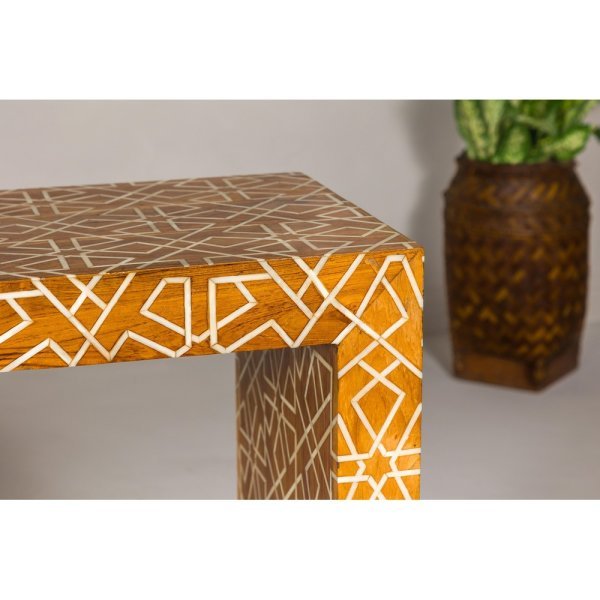 Handmade Mango Wood Linear Console Table with Geometric Bone Inlay - Image 9