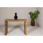 Handmade Mango Wood Linear Console Table with Geometric Bone Inlay