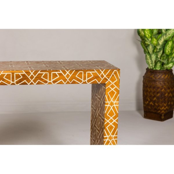 Handmade Mango Wood Linear Console Table with Geometric Bone Inlay - Image 11