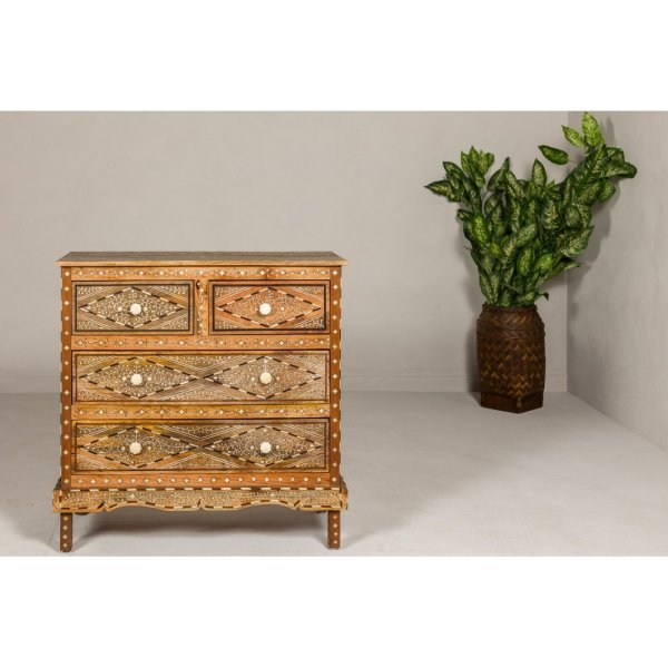 Anglo-Indian Style Mango Wood Four-Drawer Chest with Foliage Themed Bone Inlay - Image 4