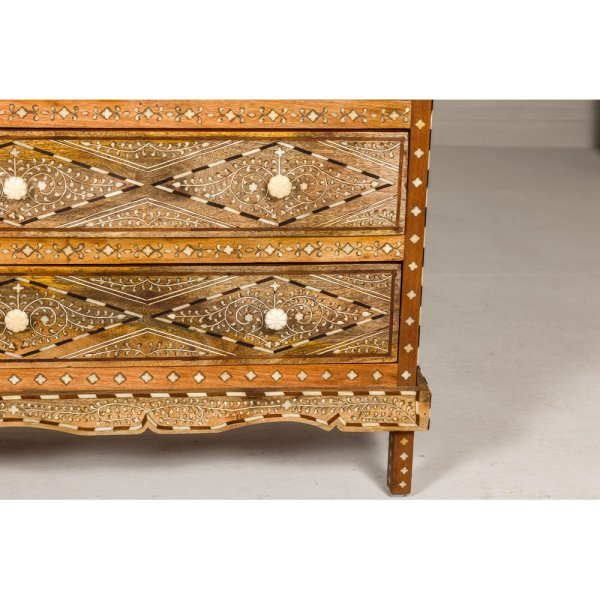 Anglo-Indian Style Mango Wood Four-Drawer Chest with Foliage Themed Bone Inlay - Image 14